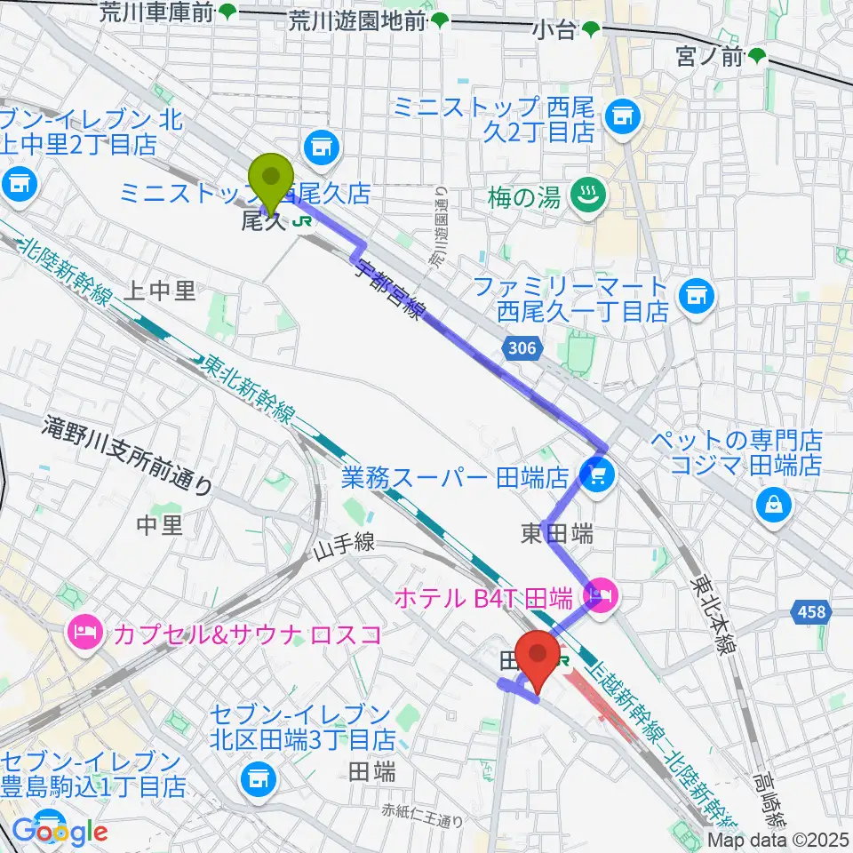 尾久駅からCPR STUDIOへのルートマップ地図