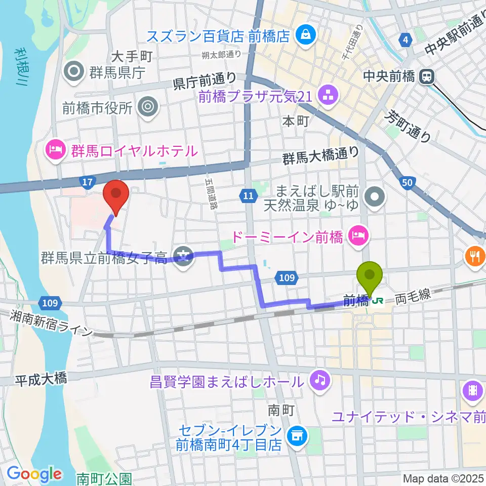 白くまレコードの最寄駅前橋駅からの徒歩ルート（約17分）地図