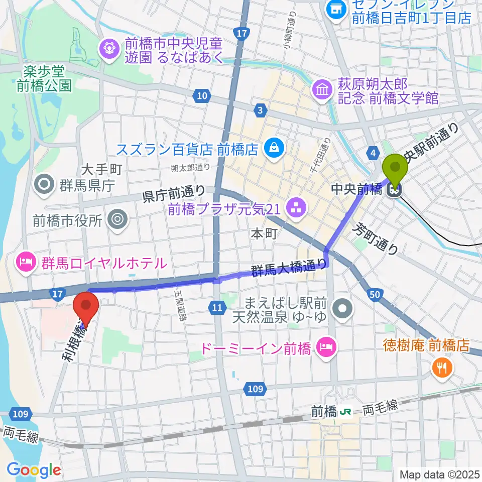 中央前橋駅から白くまレコードへのルートマップ地図