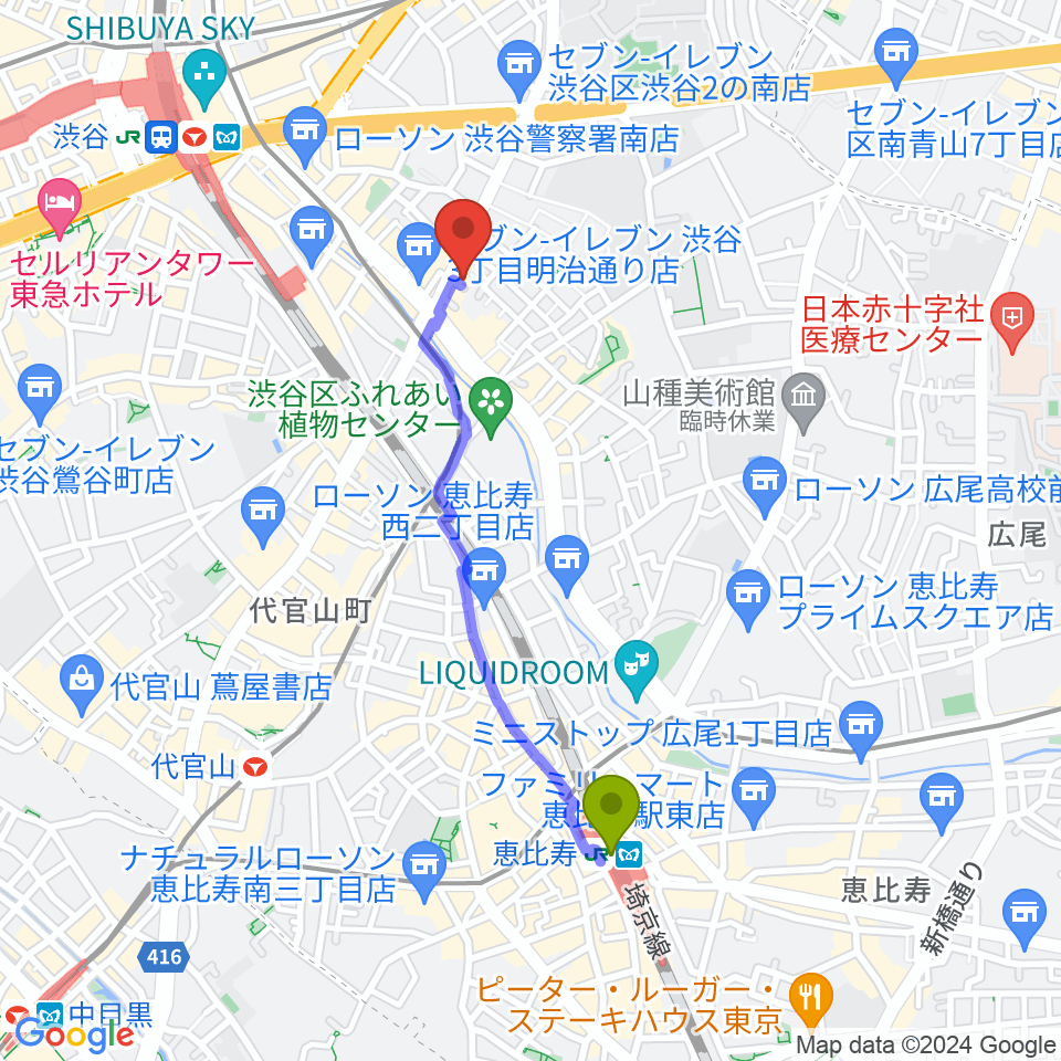 恵比寿駅からStudio S&Sへのルートマップ地図