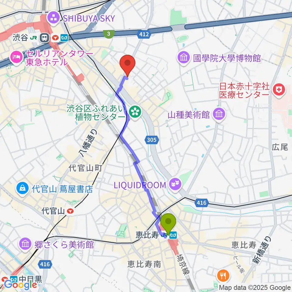 恵比寿駅からStudio S&Sへのルートマップ地図