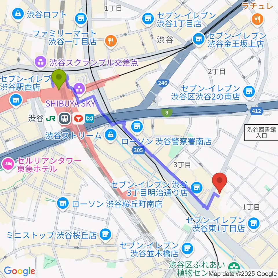Studio S&Sの最寄駅渋谷駅からの徒歩ルート（約11分）地図