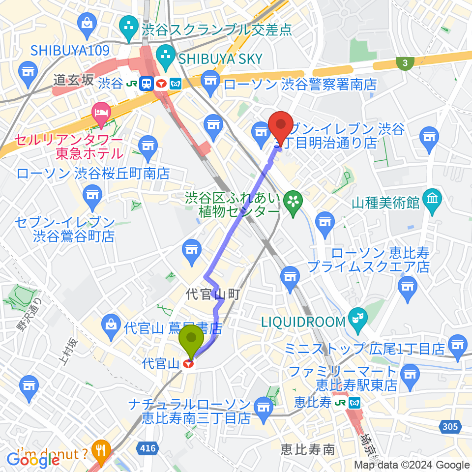 代官山駅からStudio S&Sへのルートマップ地図