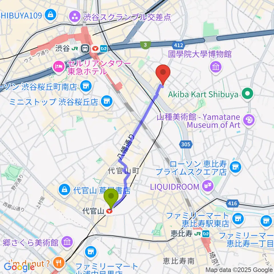 代官山駅からStudio S&Sへのルートマップ地図