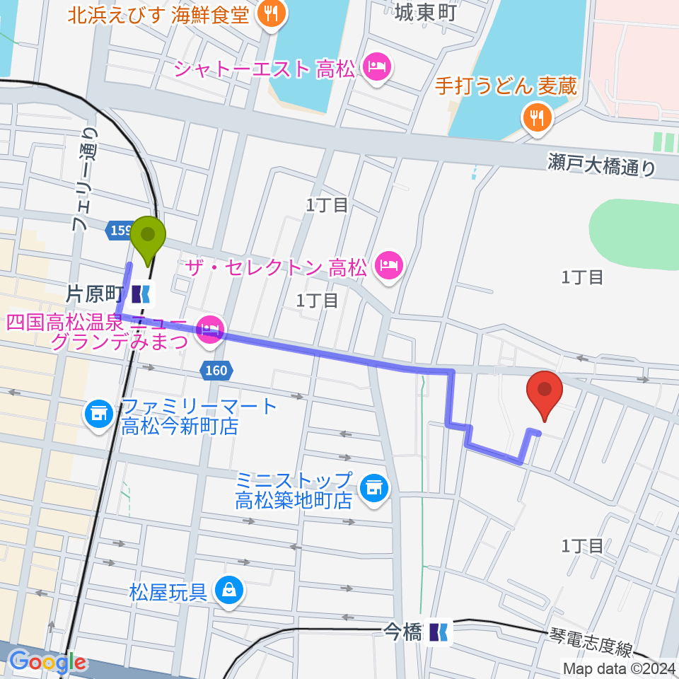 片原町駅から津田重政ギター教室へのルートマップ地図