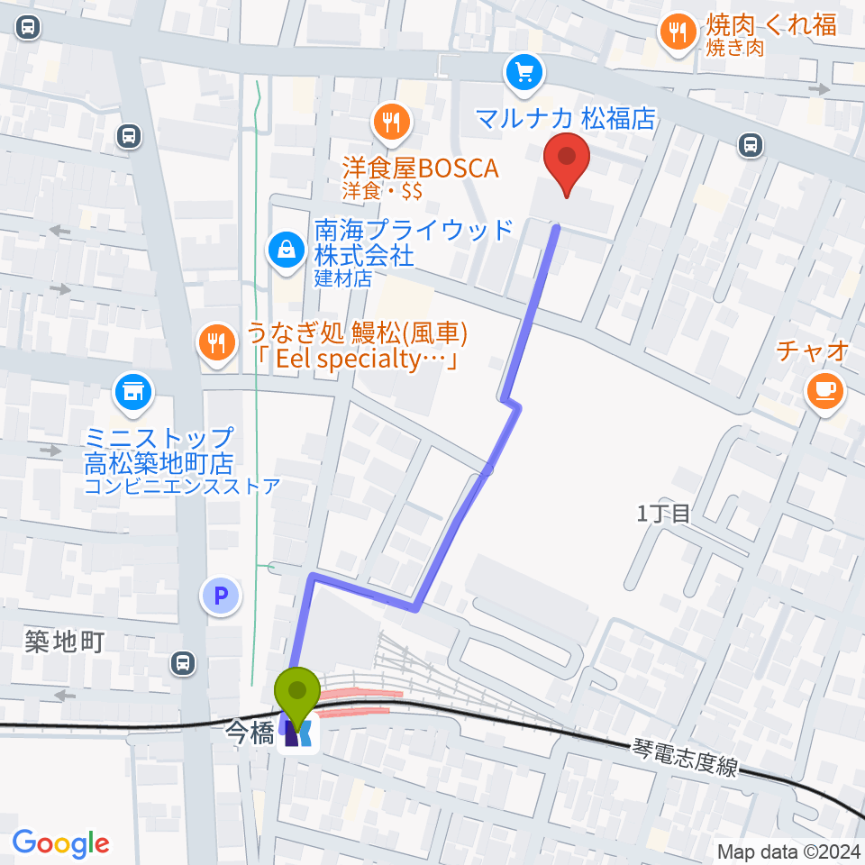 津田重政ギター教室の最寄駅今橋駅からの徒歩ルート（約5分）地図