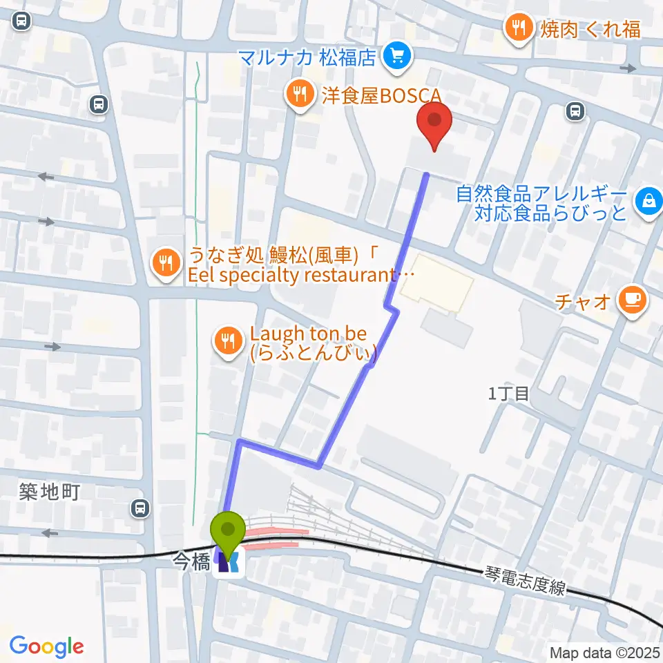 津田重政ギター教室の最寄駅今橋駅からの徒歩ルート（約5分）地図