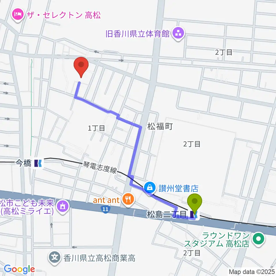 松島二丁目駅から津田重政ギター教室へのルートマップ地図