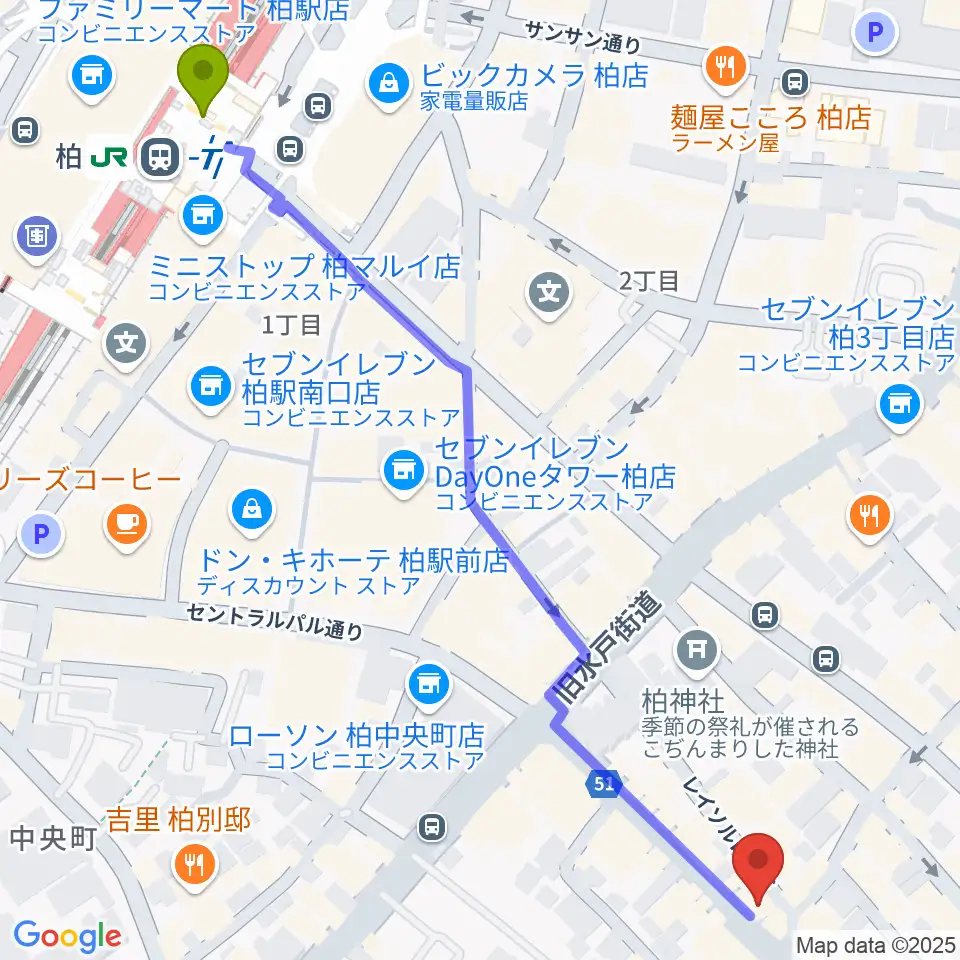 USボーカル教室 柏校の最寄駅柏駅からの徒歩ルート（約8分）地図