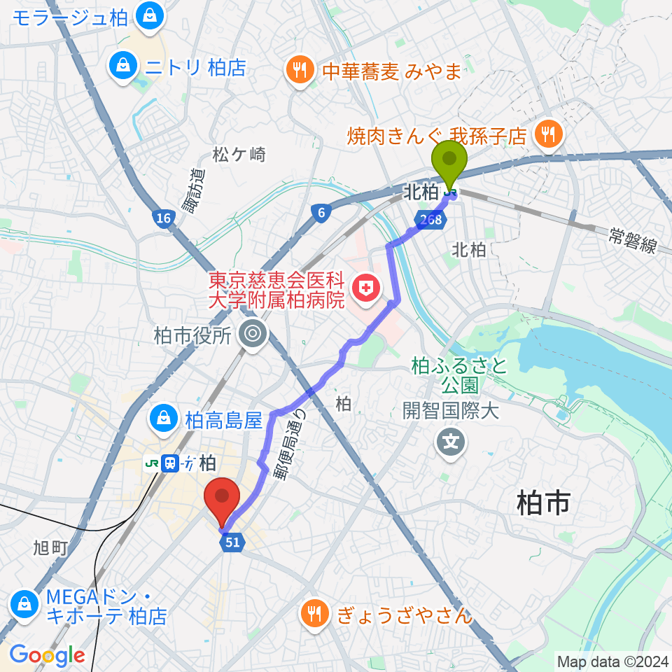 北柏駅からUSボーカル教室 柏校へのルートマップ地図