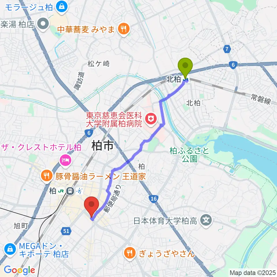 北柏駅からUSボーカル教室 柏校へのルートマップ地図