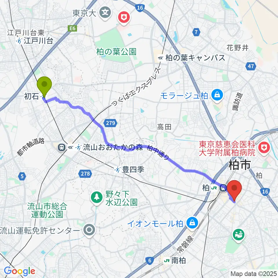 初石駅からUSボーカル教室 柏校へのルートマップ地図