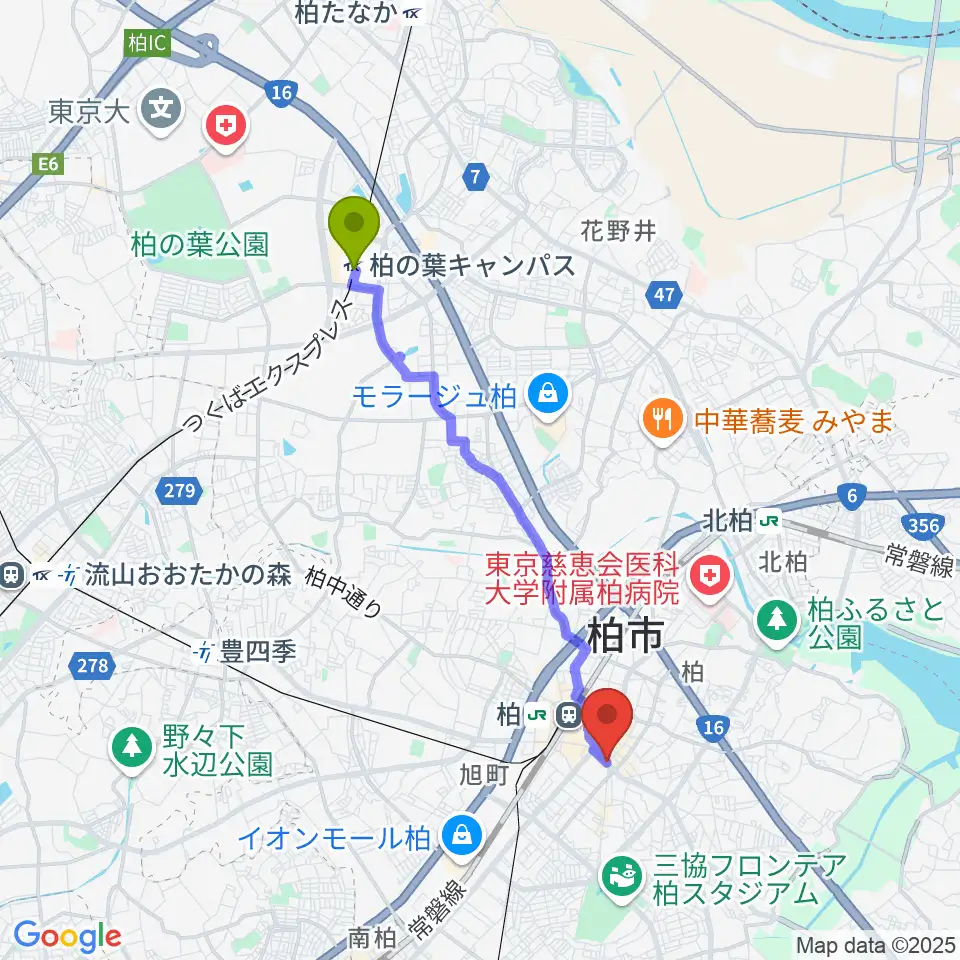 柏の葉キャンパス駅からUSボーカル教室 柏校へのルートマップ地図