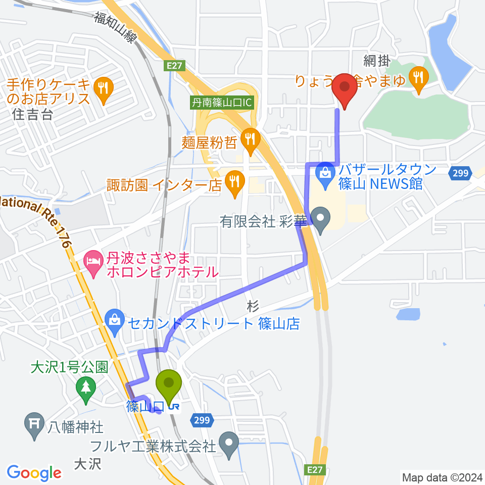 四季の森生涯学習センターの最寄駅篠山口駅からの徒歩ルート（約22分）地図