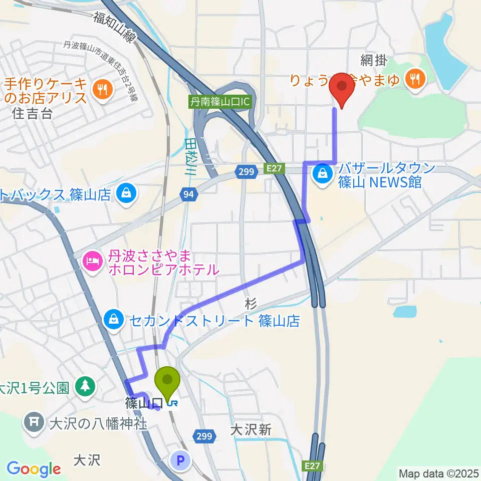 四季の森生涯学習センターの最寄駅篠山口駅からの徒歩ルート（約22分）地図