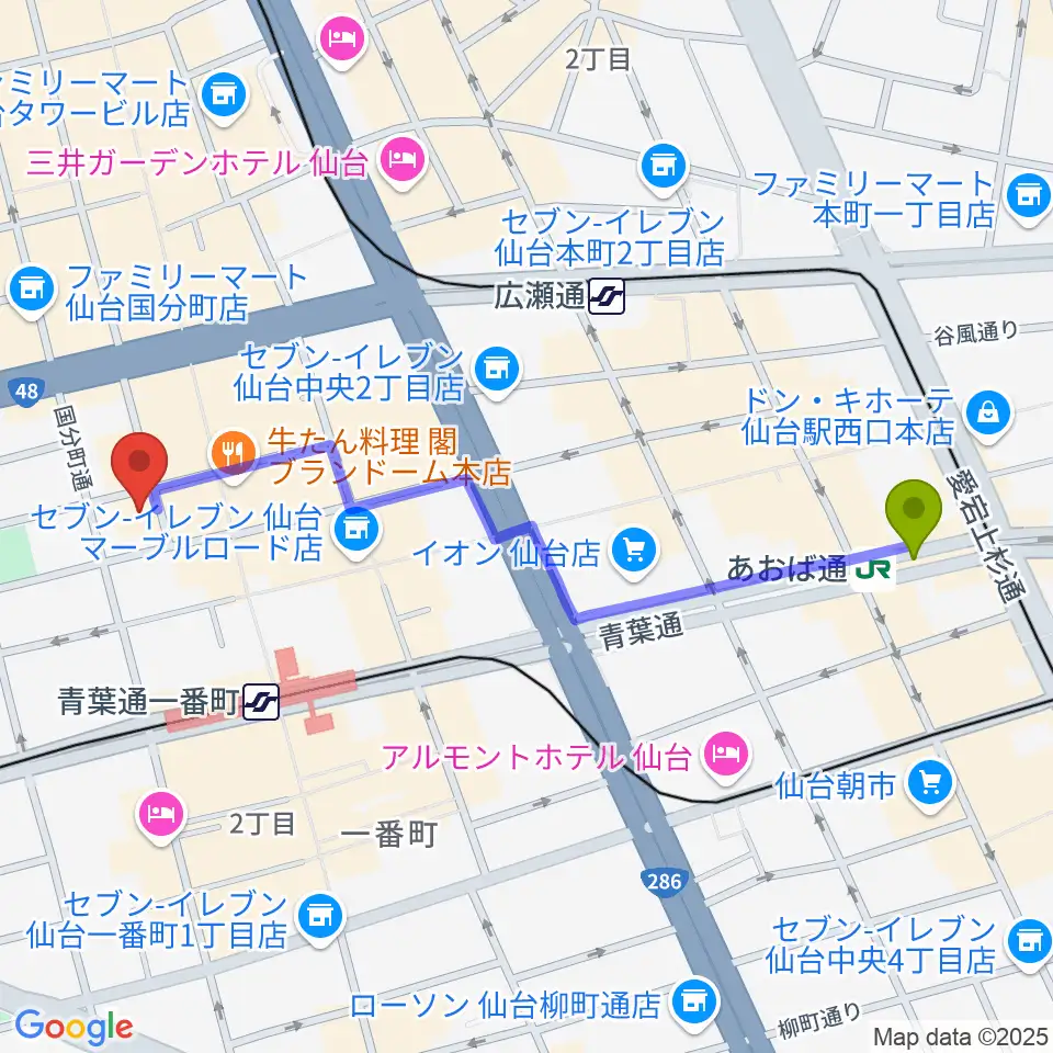 あおば通駅からスタジオAmmyへのルートマップ地図