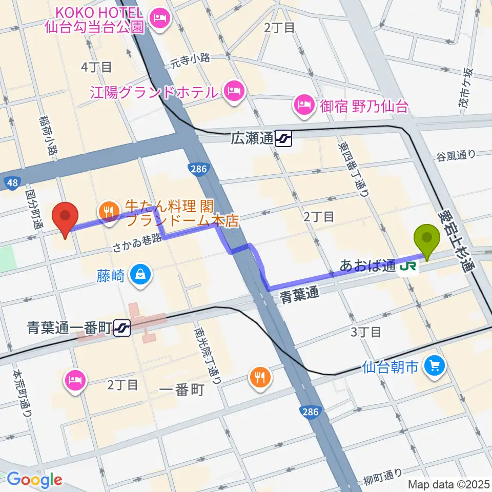 あおば通駅からスタジオAmmyへのルートマップ地図