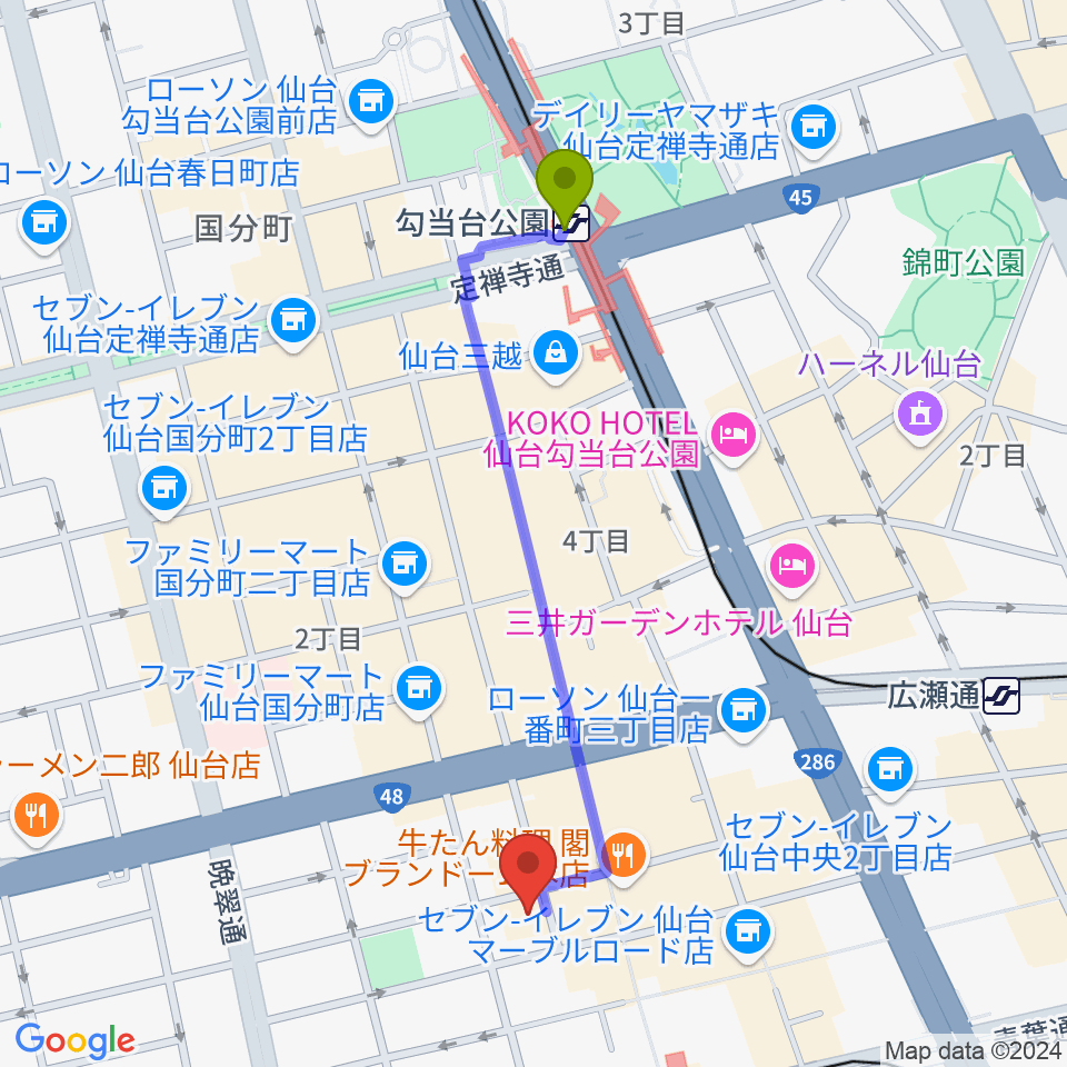 勾当台公園駅からスタジオAmmyへのルートマップ地図