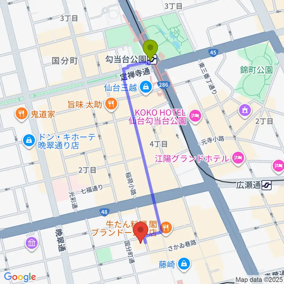 勾当台公園駅からスタジオAmmyへのルートマップ地図