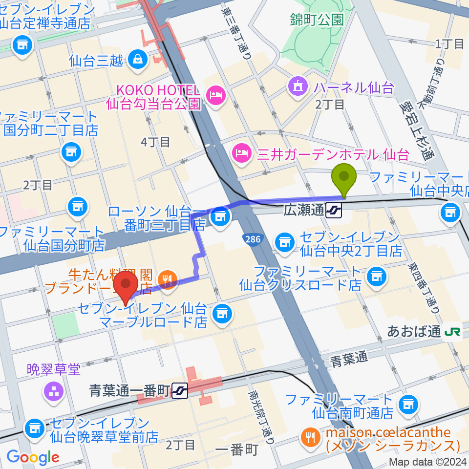 広瀬通駅からスタジオAmmyへのルートマップ地図