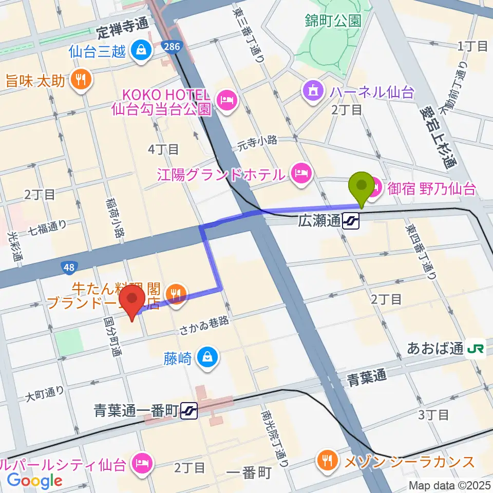 広瀬通駅からスタジオAmmyへのルートマップ地図