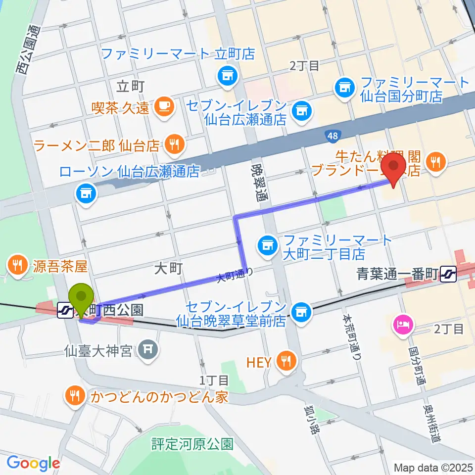 大町西公園駅からスタジオAmmyへのルートマップ地図