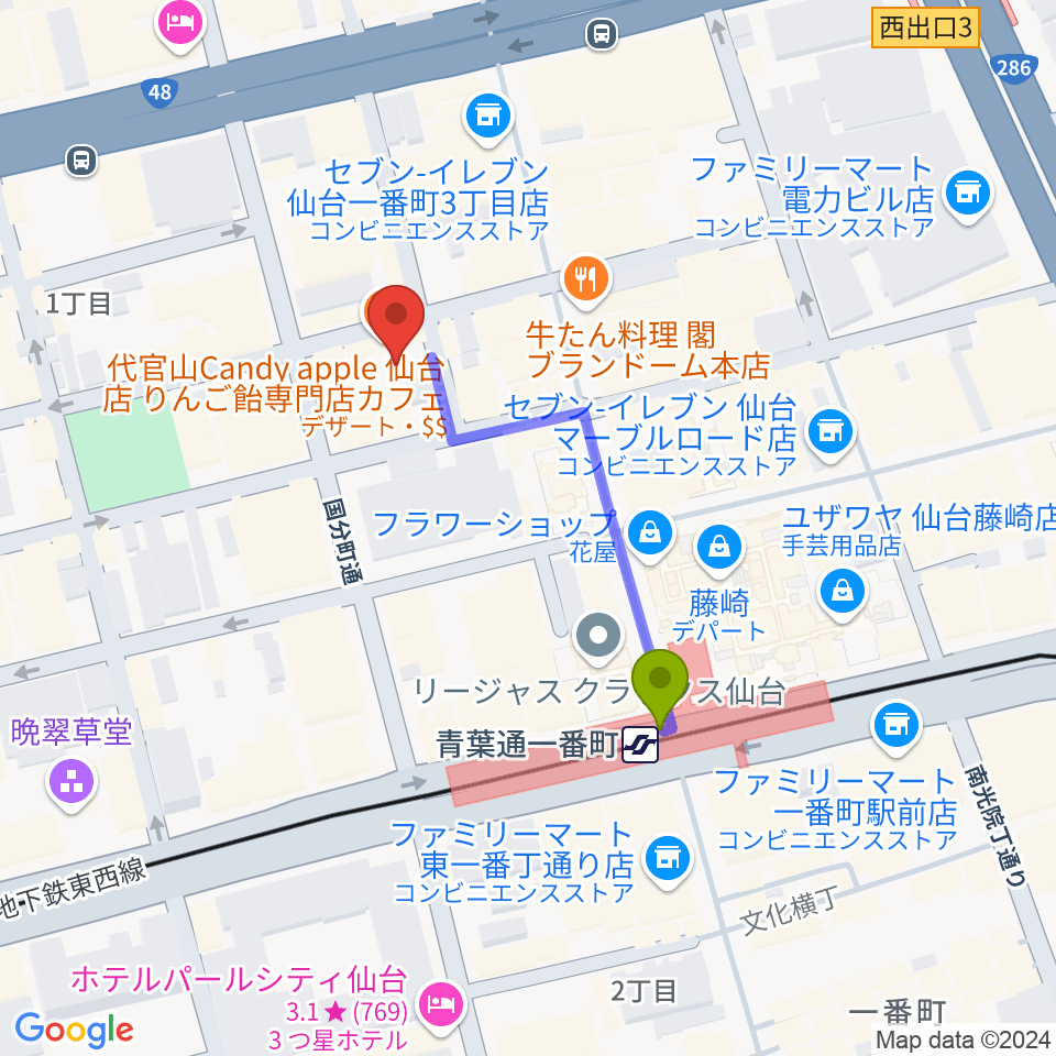 スタジオAmmyの最寄駅青葉通一番町駅からの徒歩ルート（約3分）地図