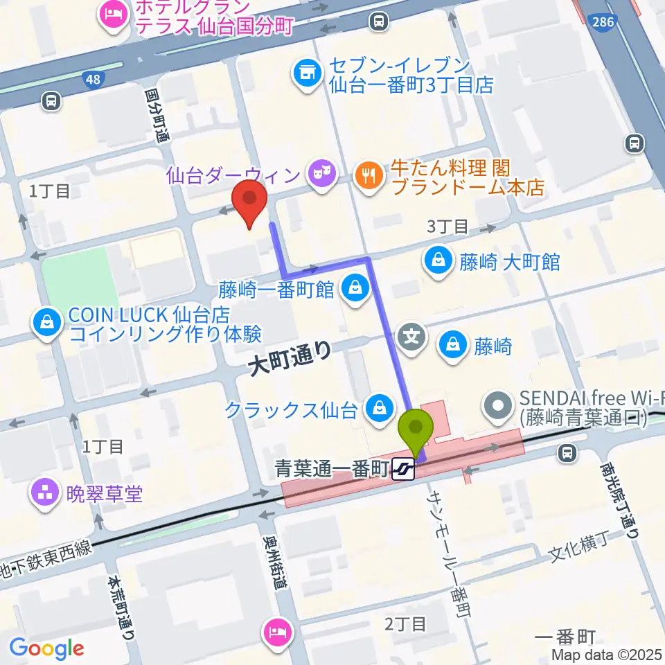 スタジオAmmyの最寄駅青葉通一番町駅からの徒歩ルート（約3分）地図