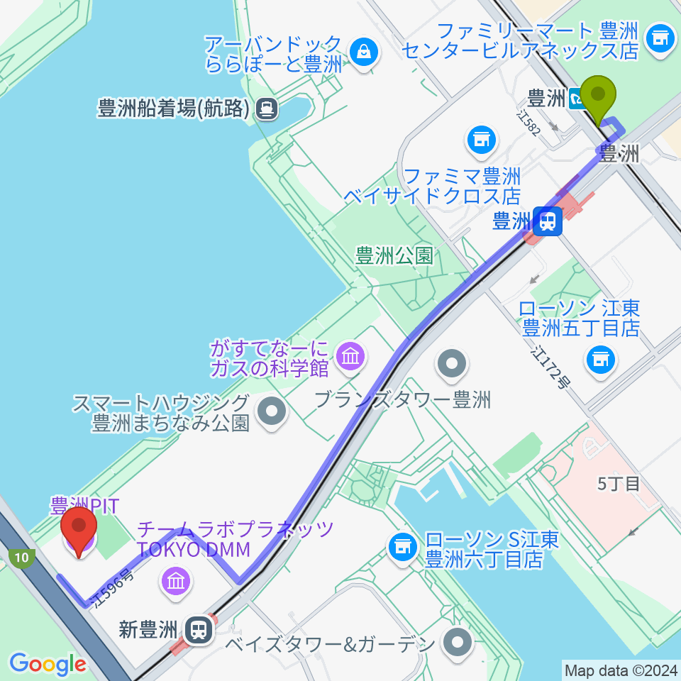 豊洲駅から豊洲PITへのルートマップ地図