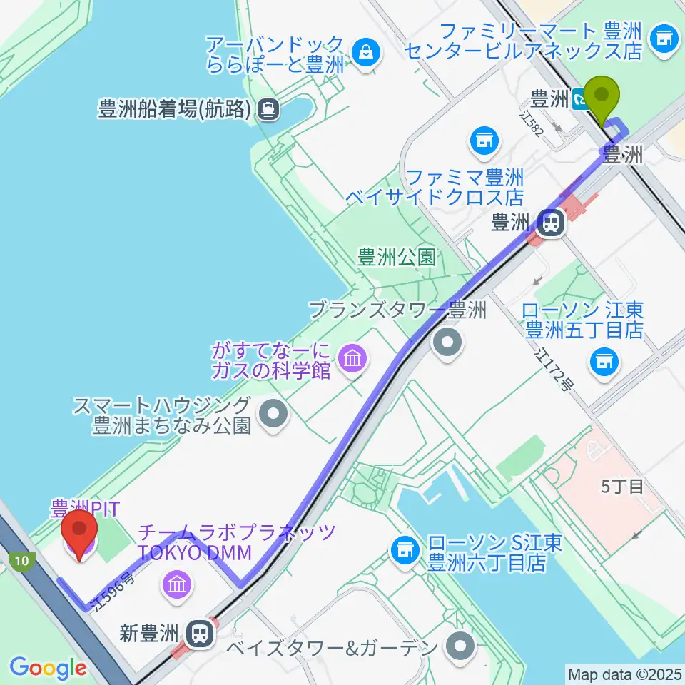 豊洲駅から豊洲PITへのルートマップ地図