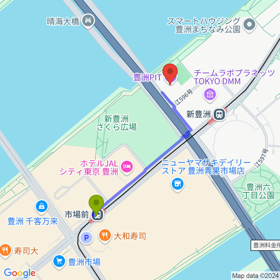 市場前駅から豊洲PITへのルートマップ地図