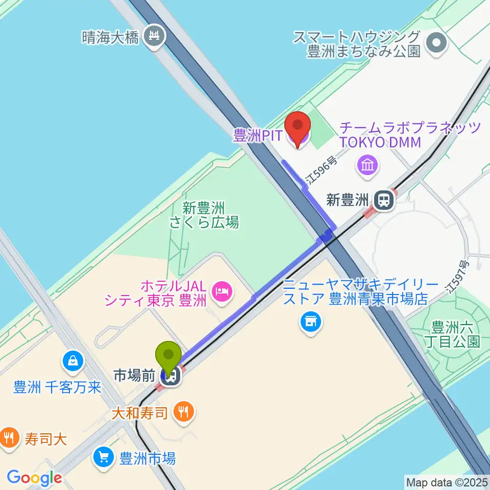 市場前駅から豊洲PITへのルートマップ地図