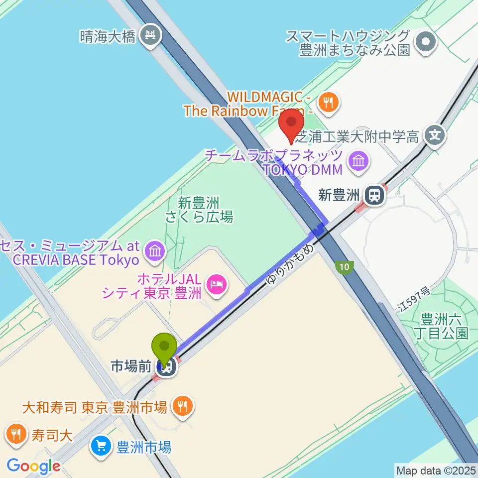 市場前駅から豊洲PITへのルートマップ地図