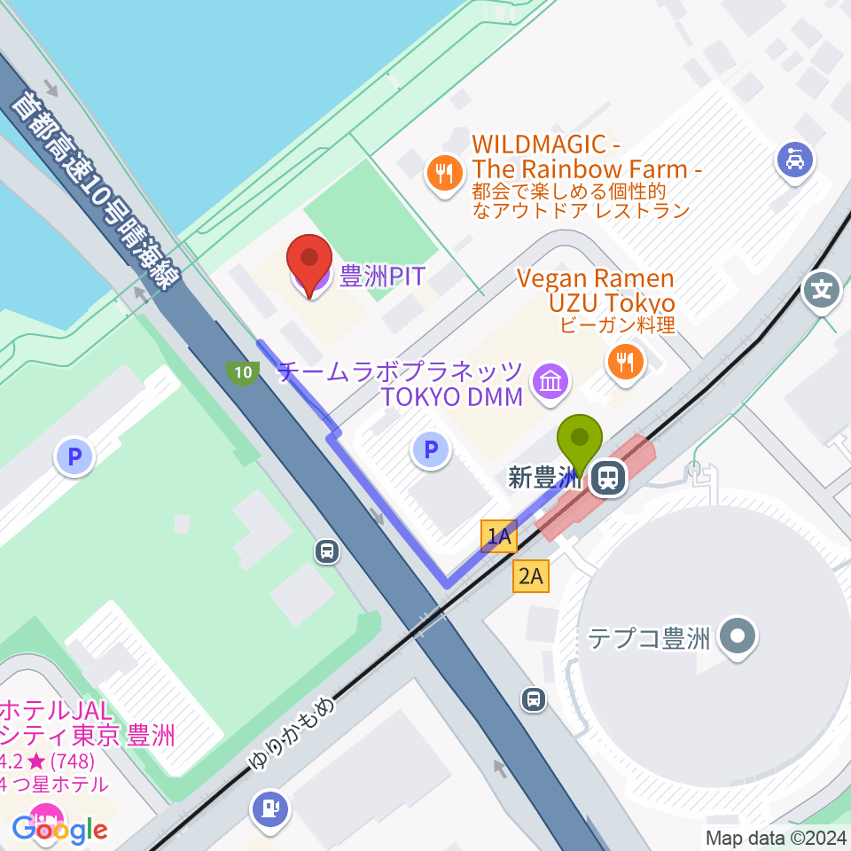 豊洲PITの最寄駅新豊洲駅からの徒歩ルート（約3分）地図