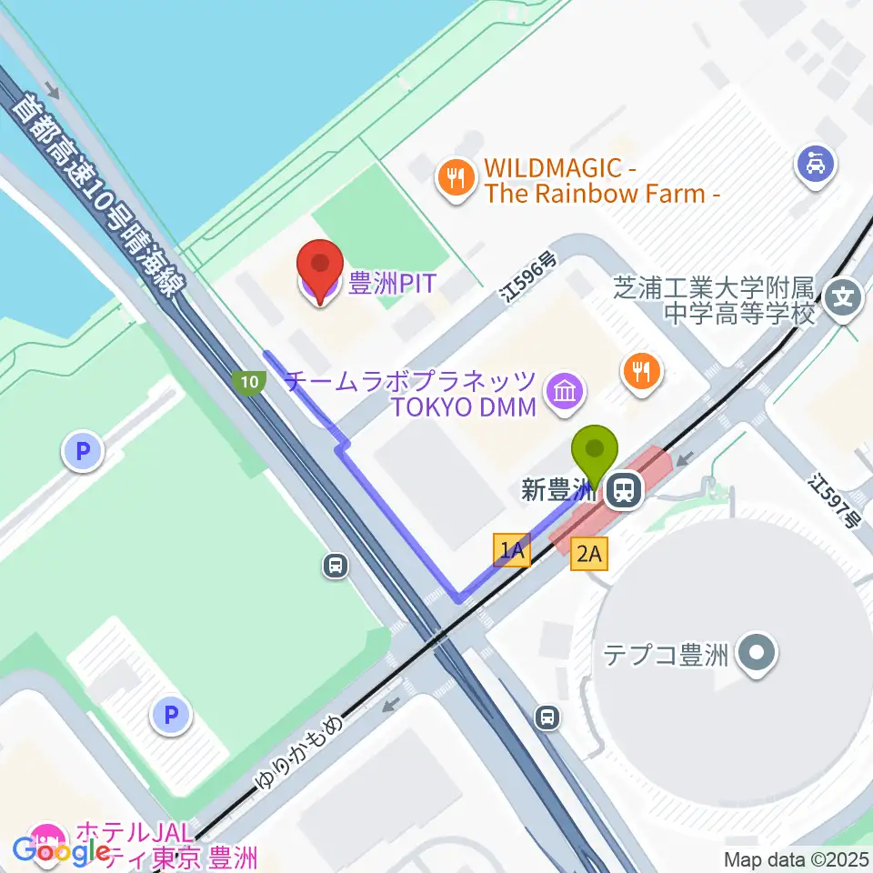 豊洲PITの最寄駅新豊洲駅からの徒歩ルート（約3分）地図