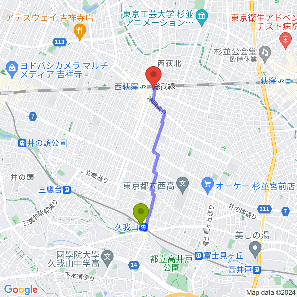 久我山駅から西荻窪ピットバーへのルートマップ地図