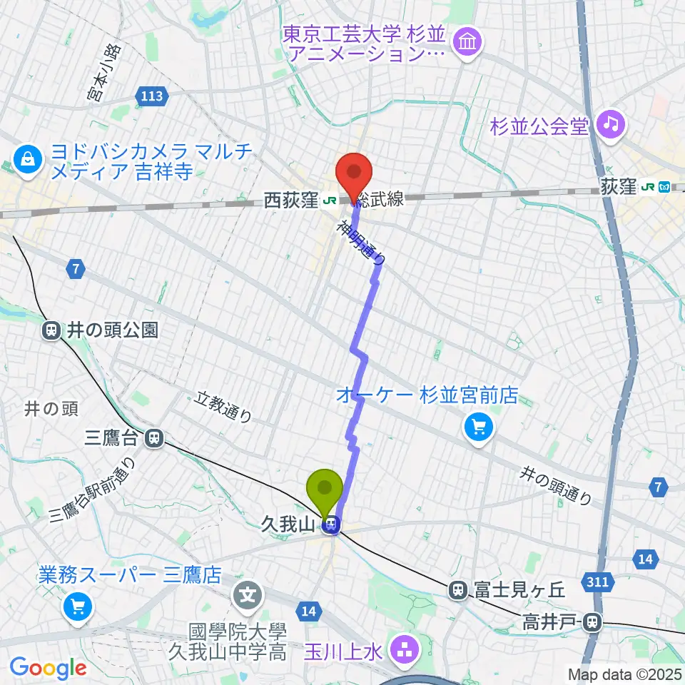 久我山駅から西荻窪ピットバーへのルートマップ地図
