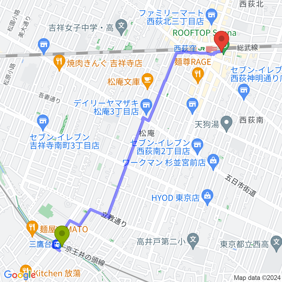 三鷹台駅から西荻窪ピットバーへのルートマップ地図