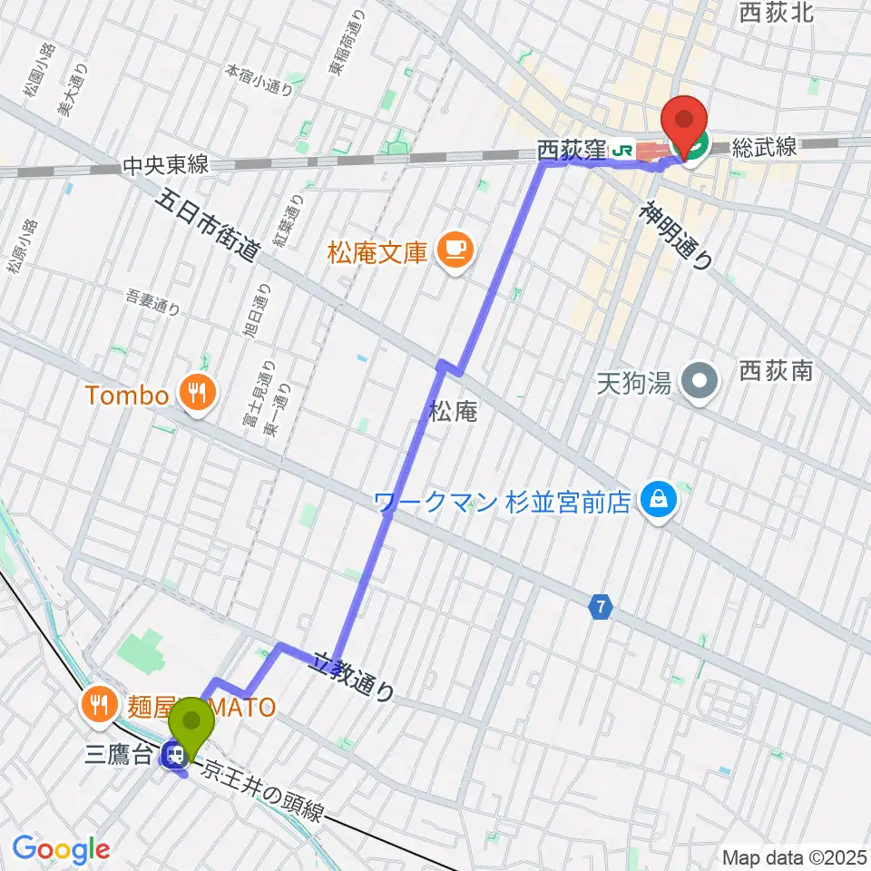 三鷹台駅から西荻窪ピットバーへのルートマップ地図