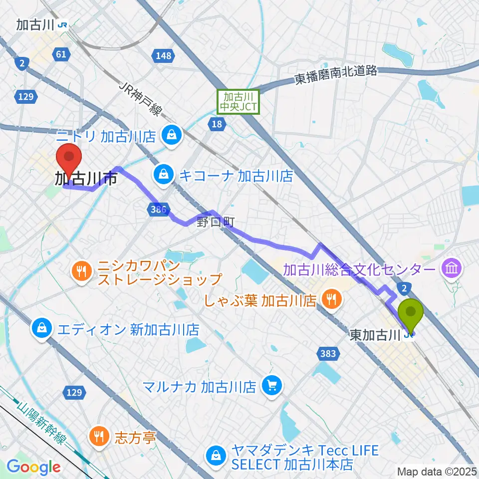 東加古川駅からSHOWAグループ市民会館へのルートマップ地図