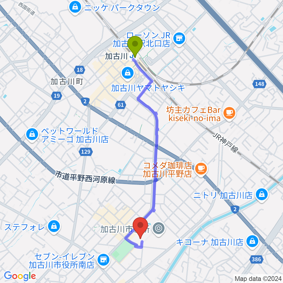 SHOWAグループ市民会館の最寄駅加古川駅からの徒歩ルート（約20分）地図