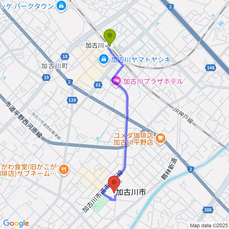 SHOWAグループ市民会館の最寄駅加古川駅からの徒歩ルート（約20分）地図