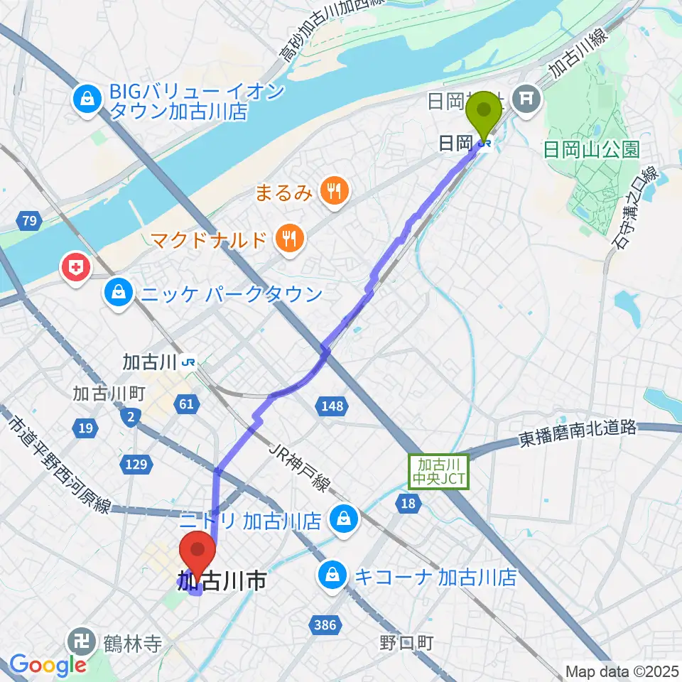 日岡駅からSHOWAグループ市民会館へのルートマップ地図
