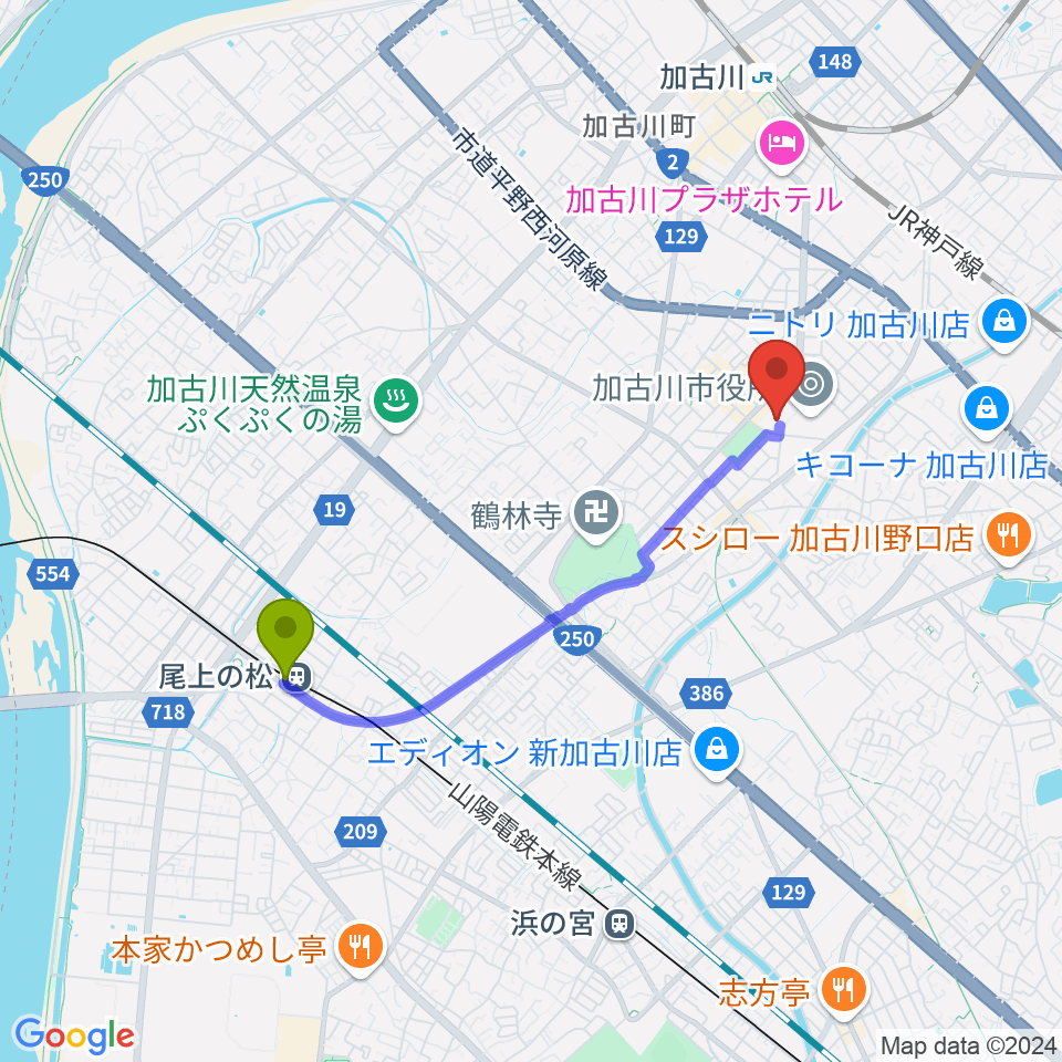 尾上の松駅からSHOWAグループ市民会館へのルートマップ地図