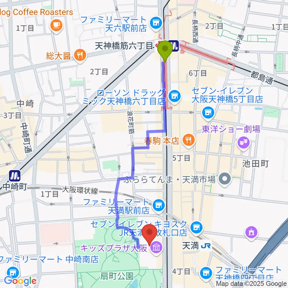 天神橋筋六丁目駅からカンテレ扇町スクエアへのルートマップ地図