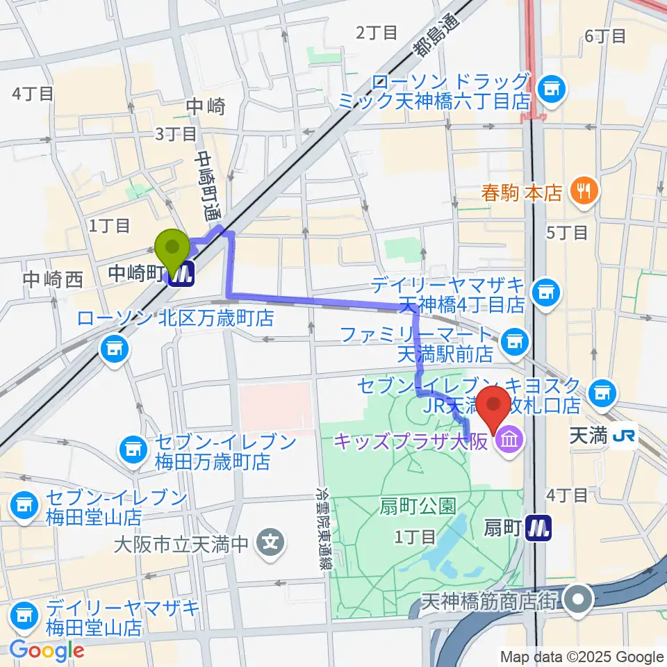 中崎町駅からカンテレ扇町スクエアへのルートマップ地図