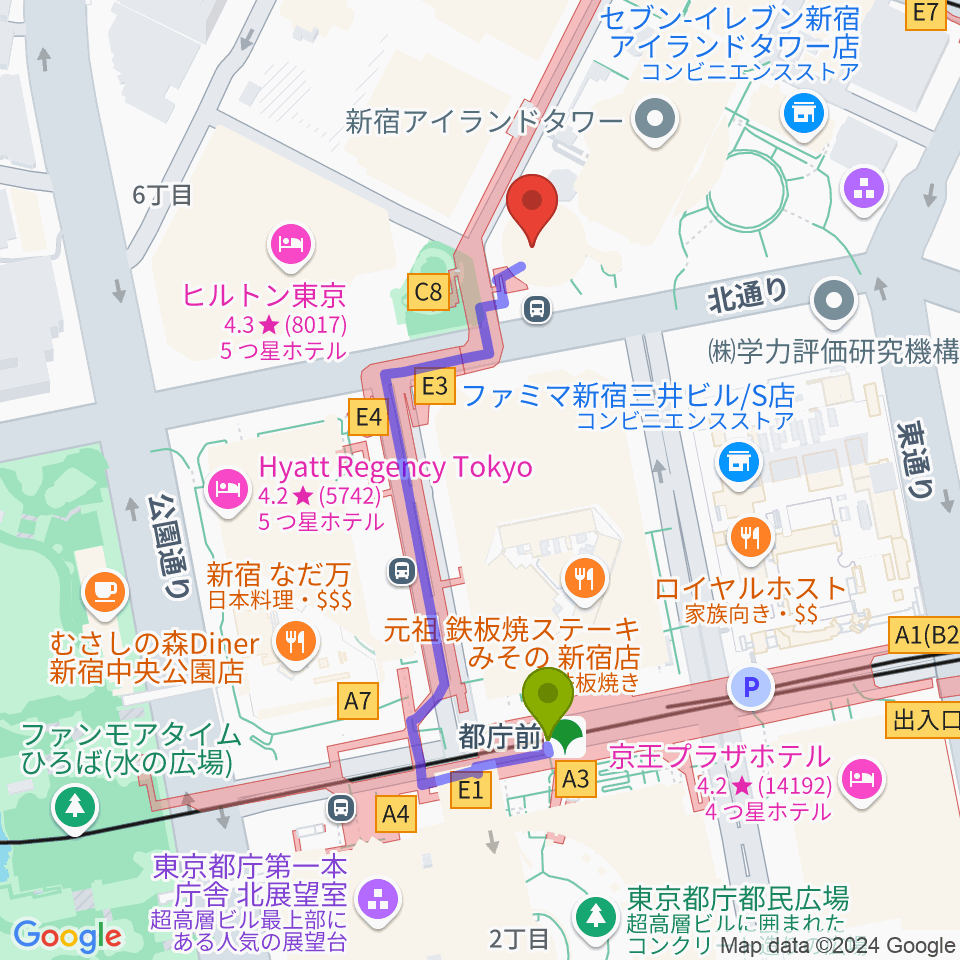 都庁前駅から新宿ReNYへのルートマップ地図