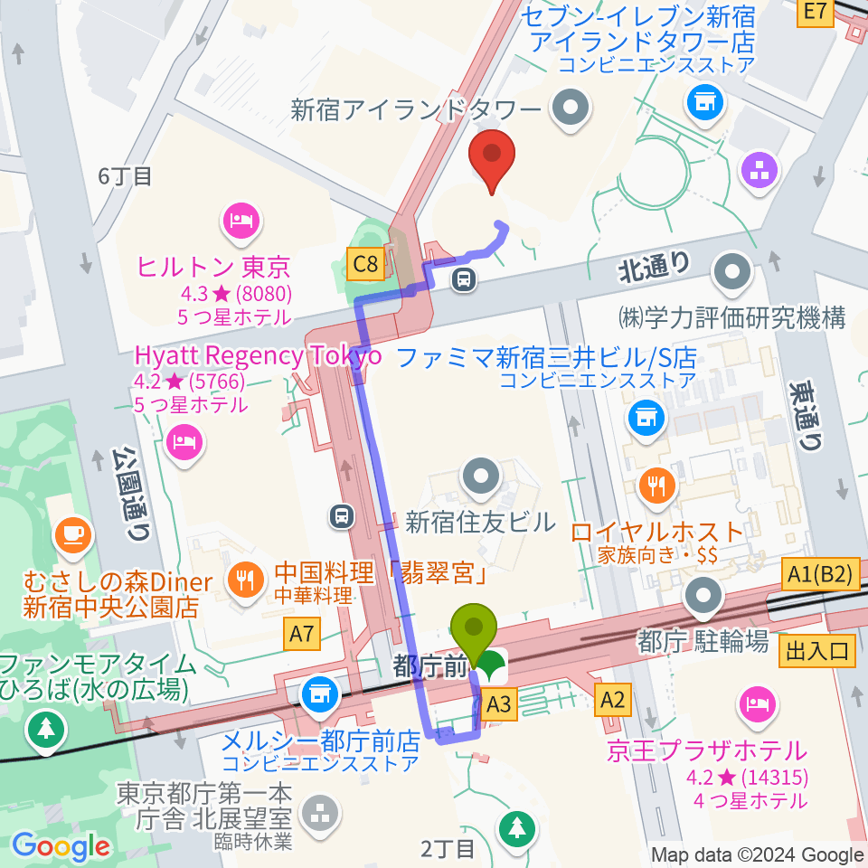 都庁前駅から新宿ReNYへのルートマップ地図