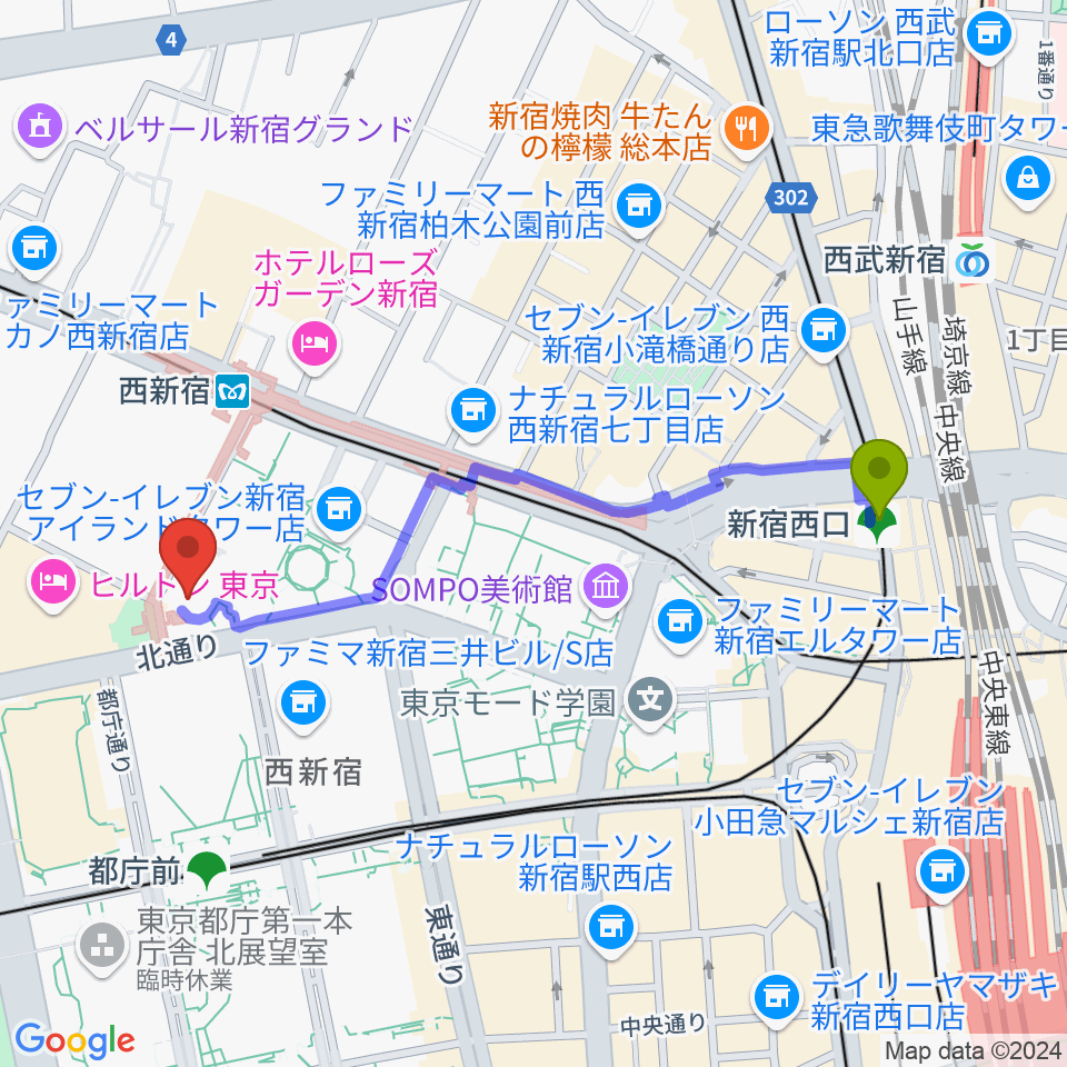 新宿西口駅から新宿ReNYへのルートマップ地図