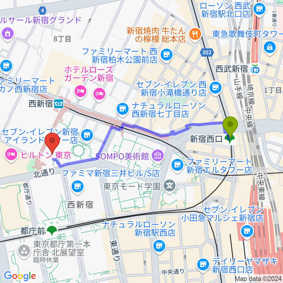 新宿西口駅から新宿ReNYへのルートマップ地図